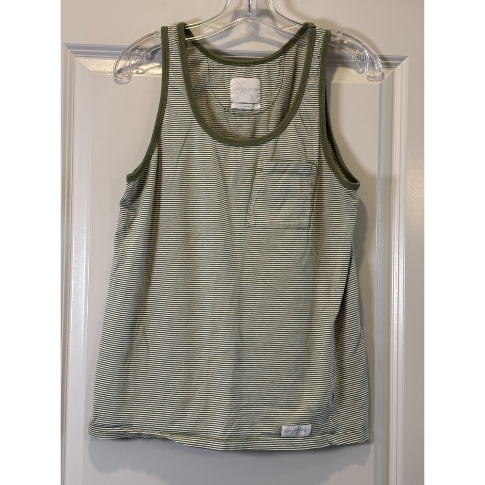 Saturdays Surf NYC Sailor Tank Top Mens Small Green White Striped‎ Scoop Neck
